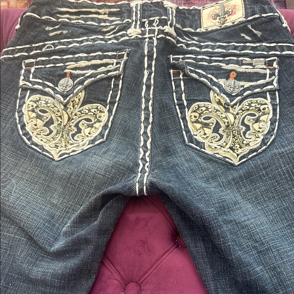 Laguna Beach Embroidered Dark Blue Boot Cut Jeans with Decorative Back Pockets